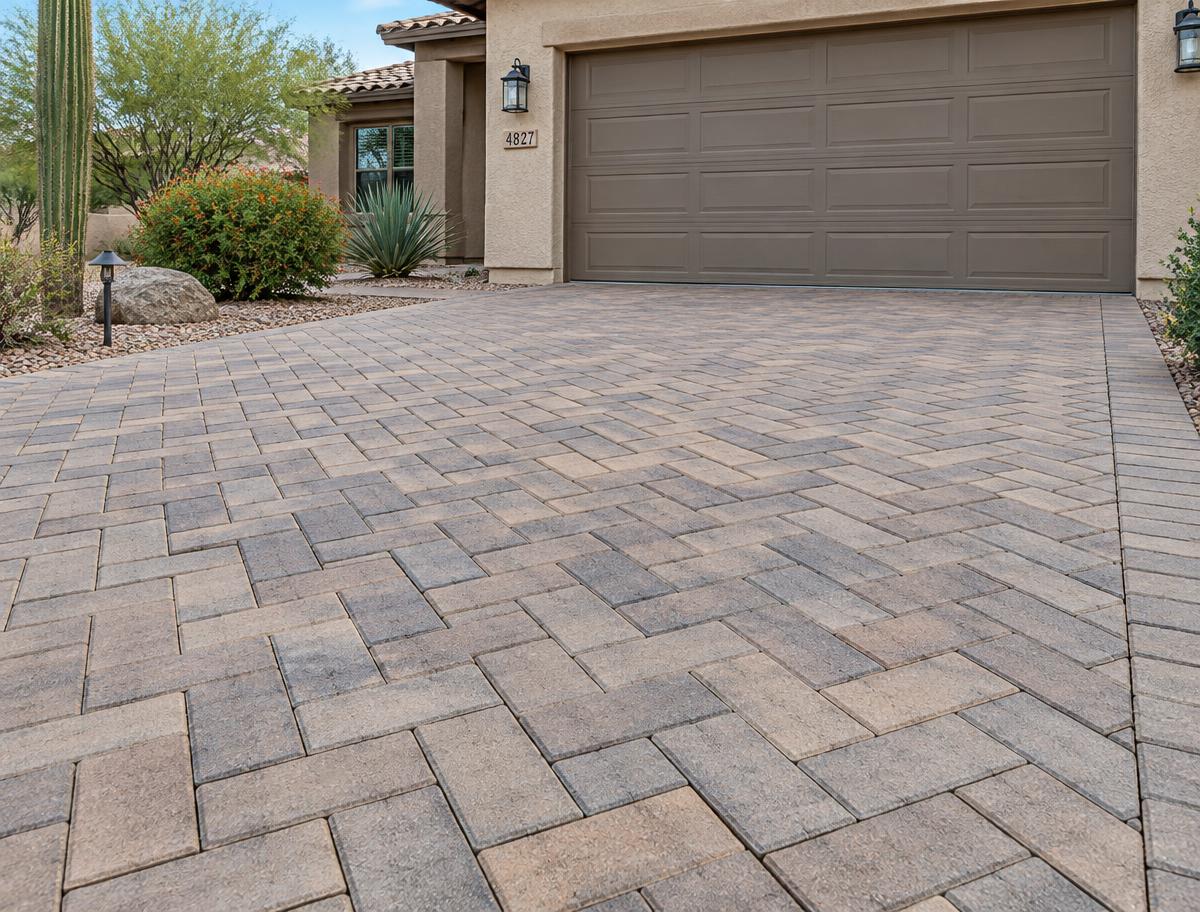 Herringbone paver driveway leading to a garage