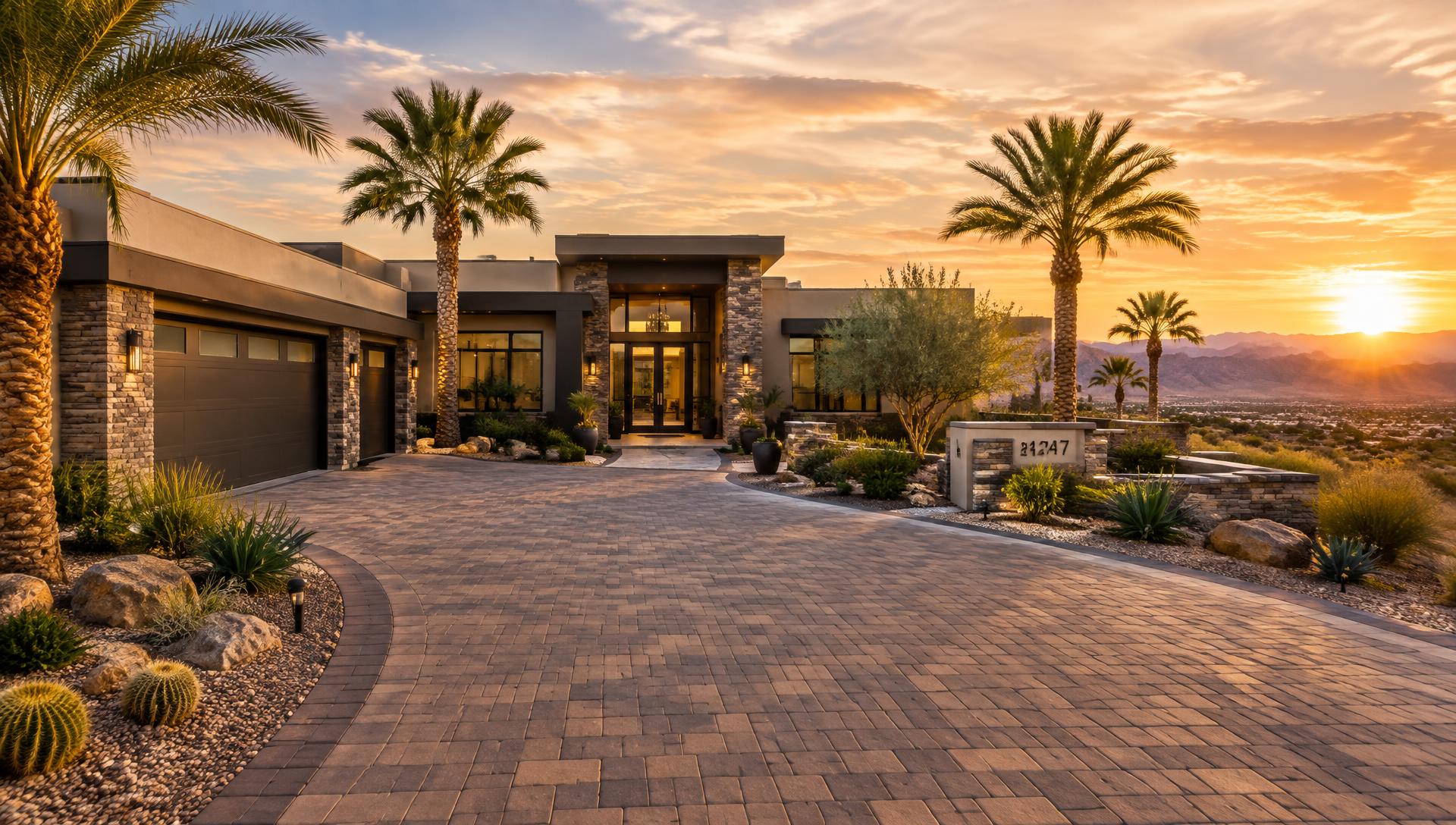 Paver driveway at a modern desert home in warm sunset light