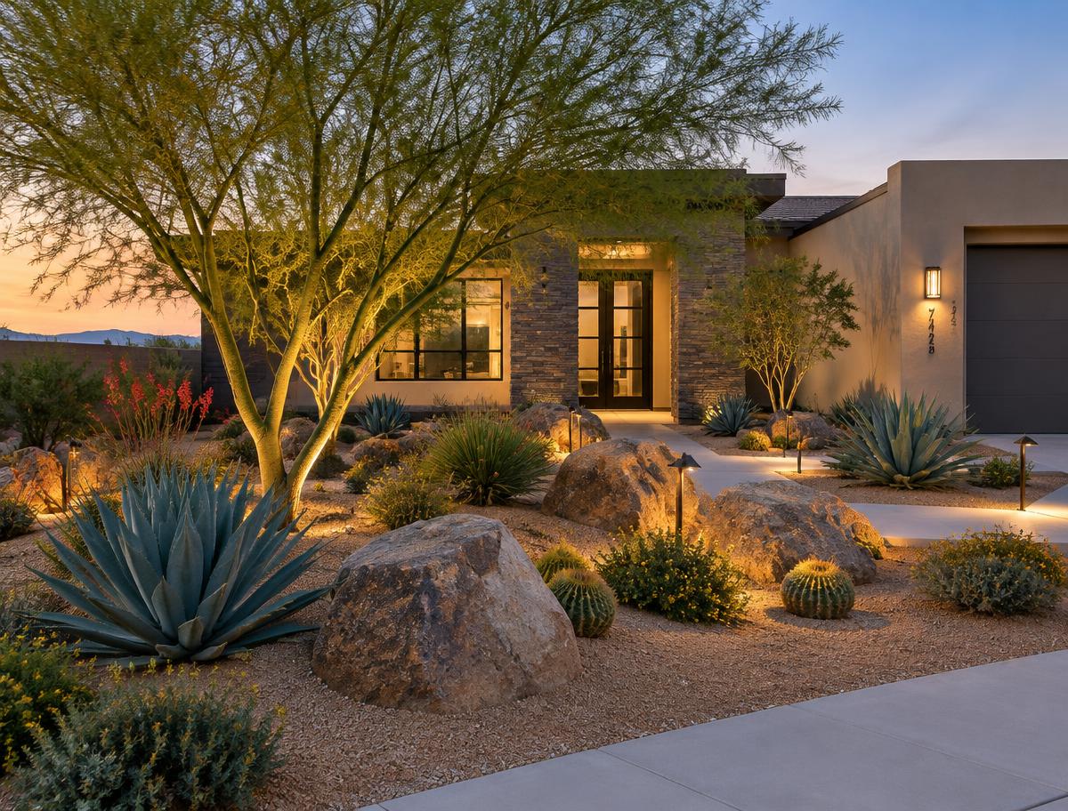Desert landscaping with boulders, agave, and accent lighting