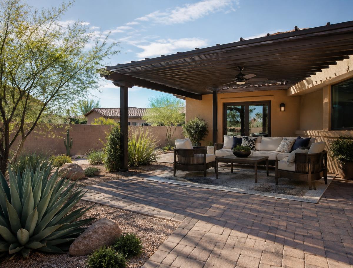 Backyard paver patio with pergola and outdoor seating