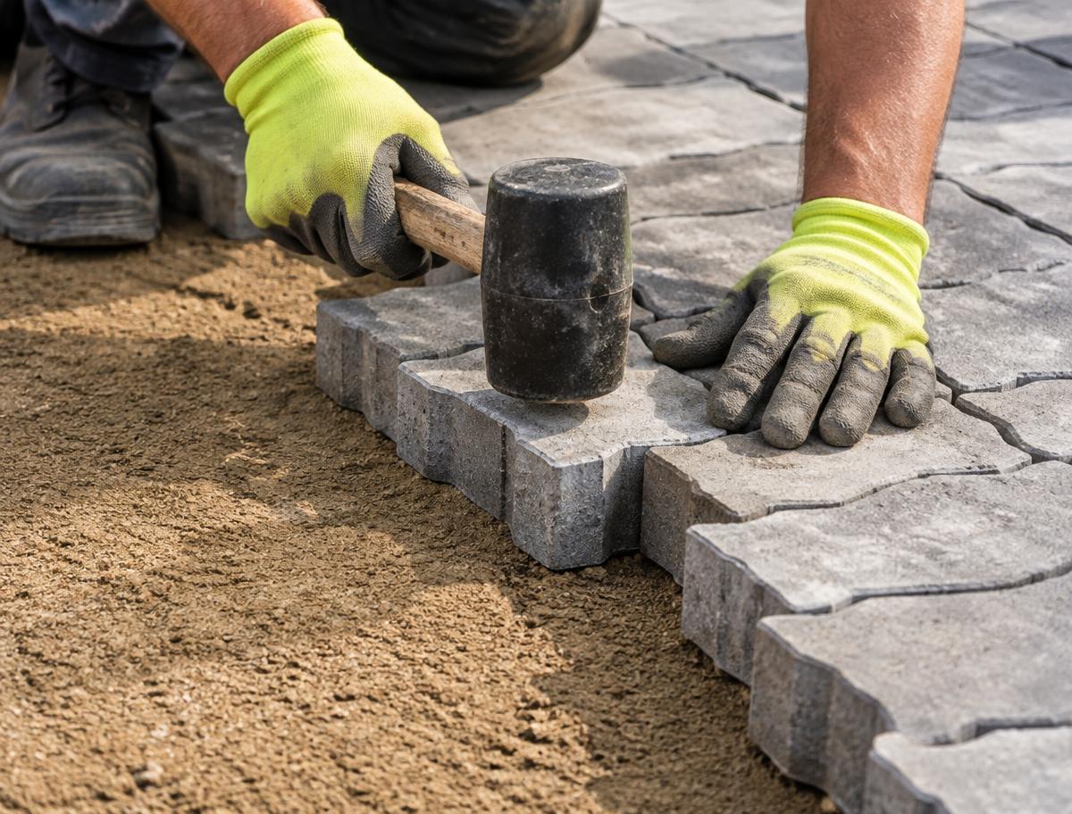 Installer setting pavers with a rubber mallet on a sand bed