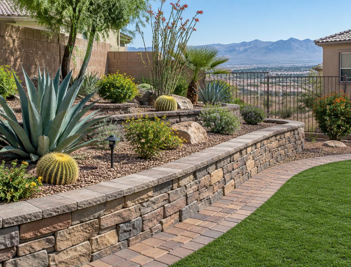 Stone retaining wall with paver path and desert plants